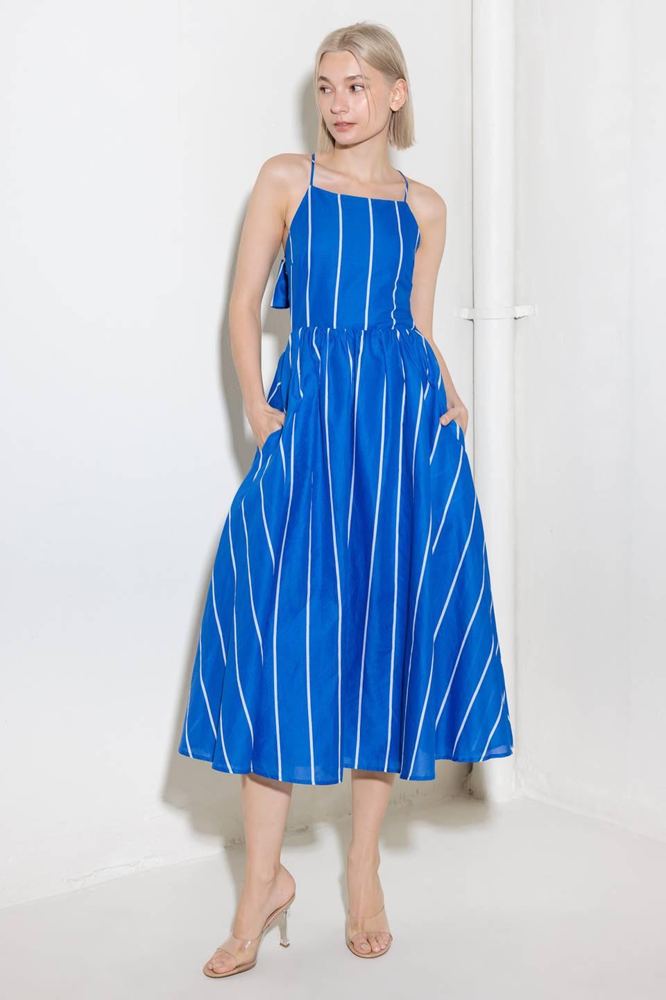 Let the Good in Blue Woven Midi Dress in white, view 4 — Soul Flow Apparel