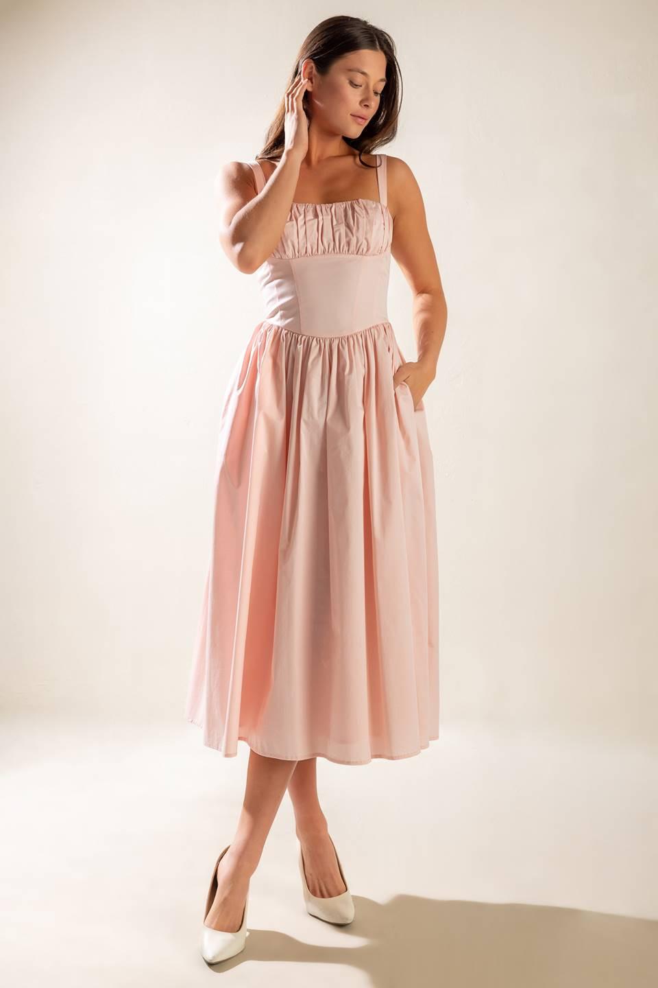 Easily Loved Woven Midi Dress in light pink, view 1 — Soul Flow Apparel