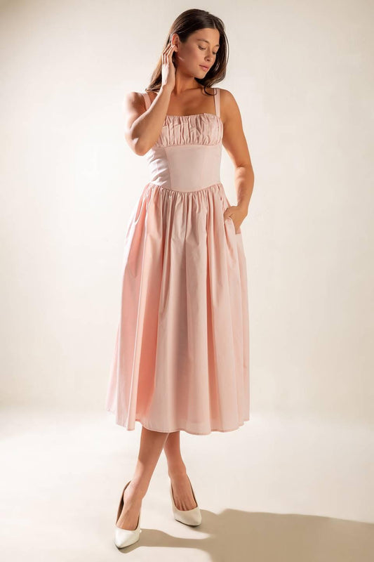 Easily Loved Woven Midi Dress in light pink, view 1 — Soul Flow Apparel