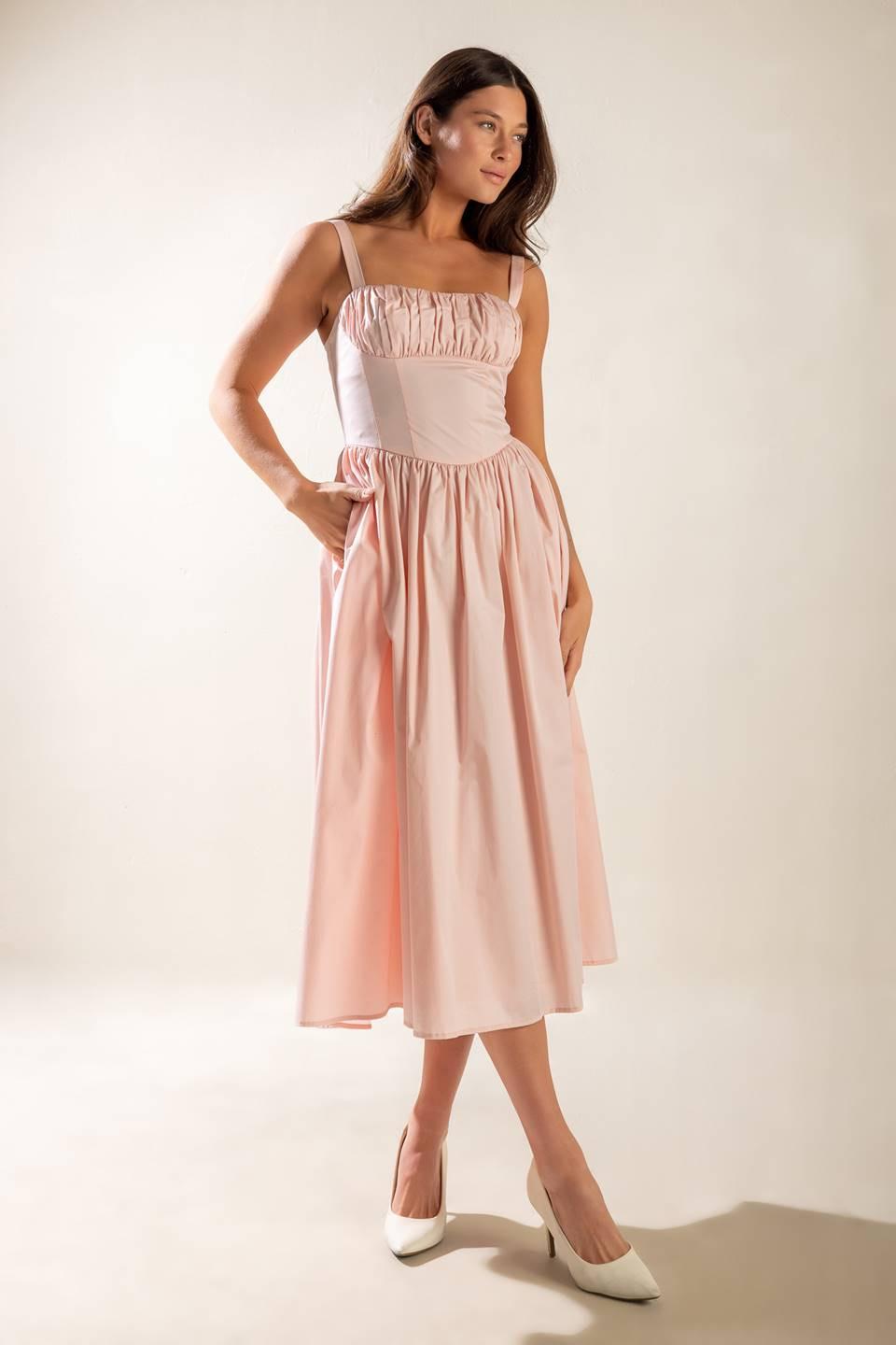 Easily Loved Woven Midi Dress in light pink, view 2 — Soul Flow Apparel