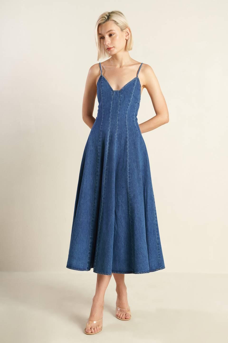 Rosewood Romance Denim Midi Dress in blue, view 1 — Soul Flow Apparel