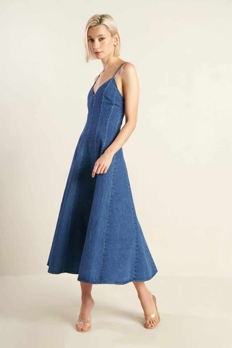Rosewood Romance Denim Midi Dress in blue, view 2 — Soul Flow Apparel