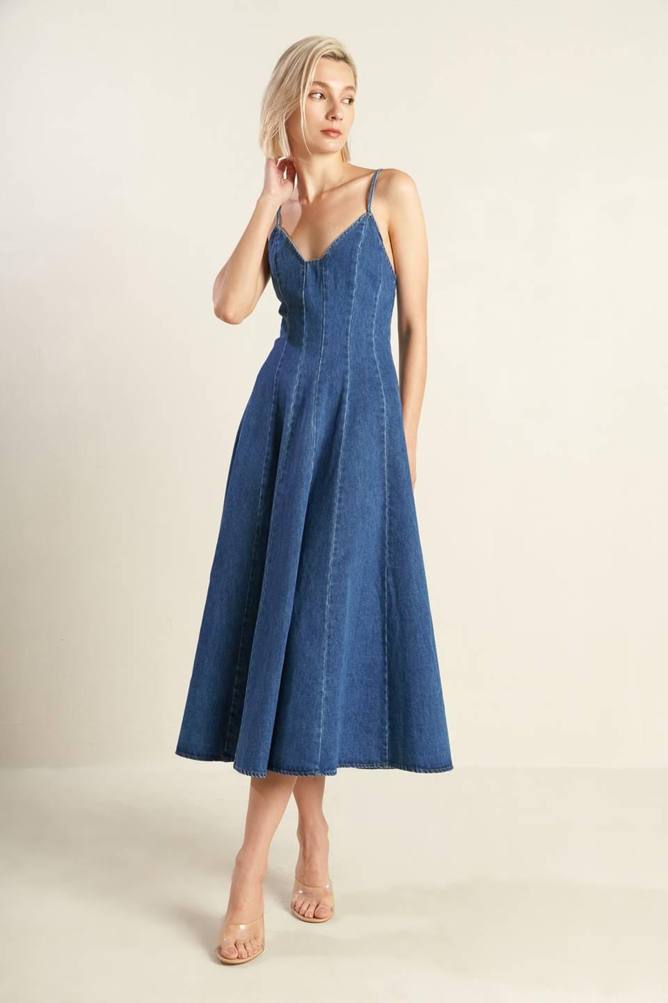 Rosewood Romance Denim Midi Dress in blue, view 3 — Soul Flow Apparel