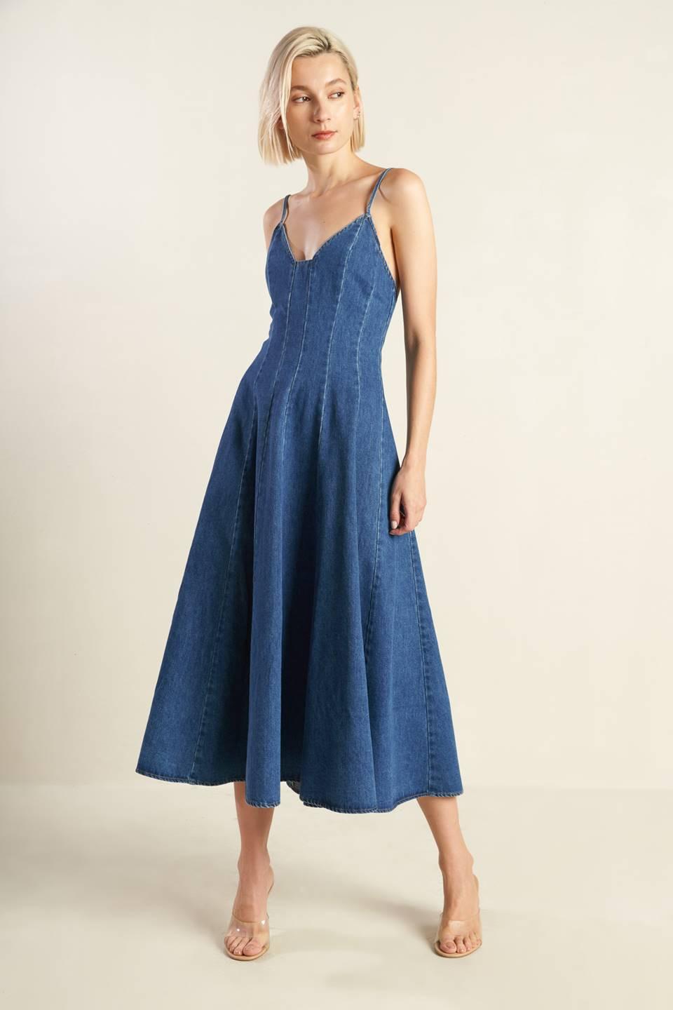 Rosewood Romance Denim Midi Dress in blue, view 4 — Soul Flow Apparel