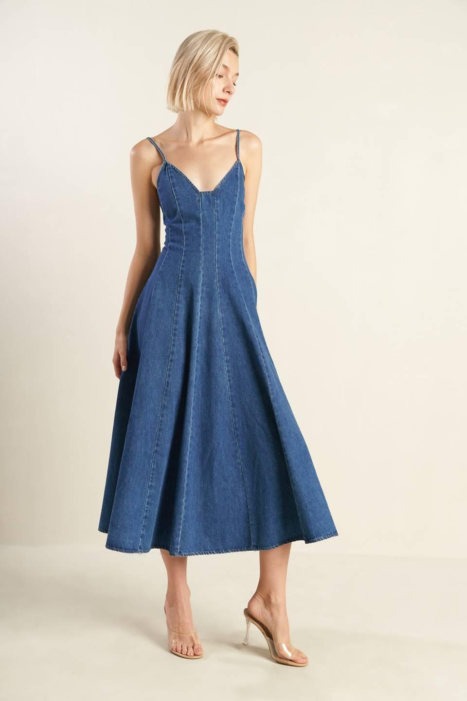 Rosewood Romance Denim Midi Dress in blue, view 5 — Soul Flow Apparel