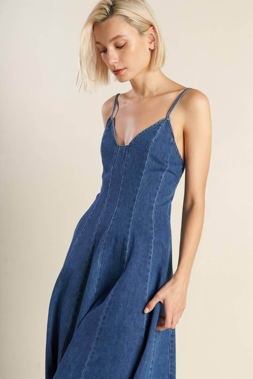 Rosewood Romance Denim Midi Dress in blue, view 6 — Soul Flow Apparel