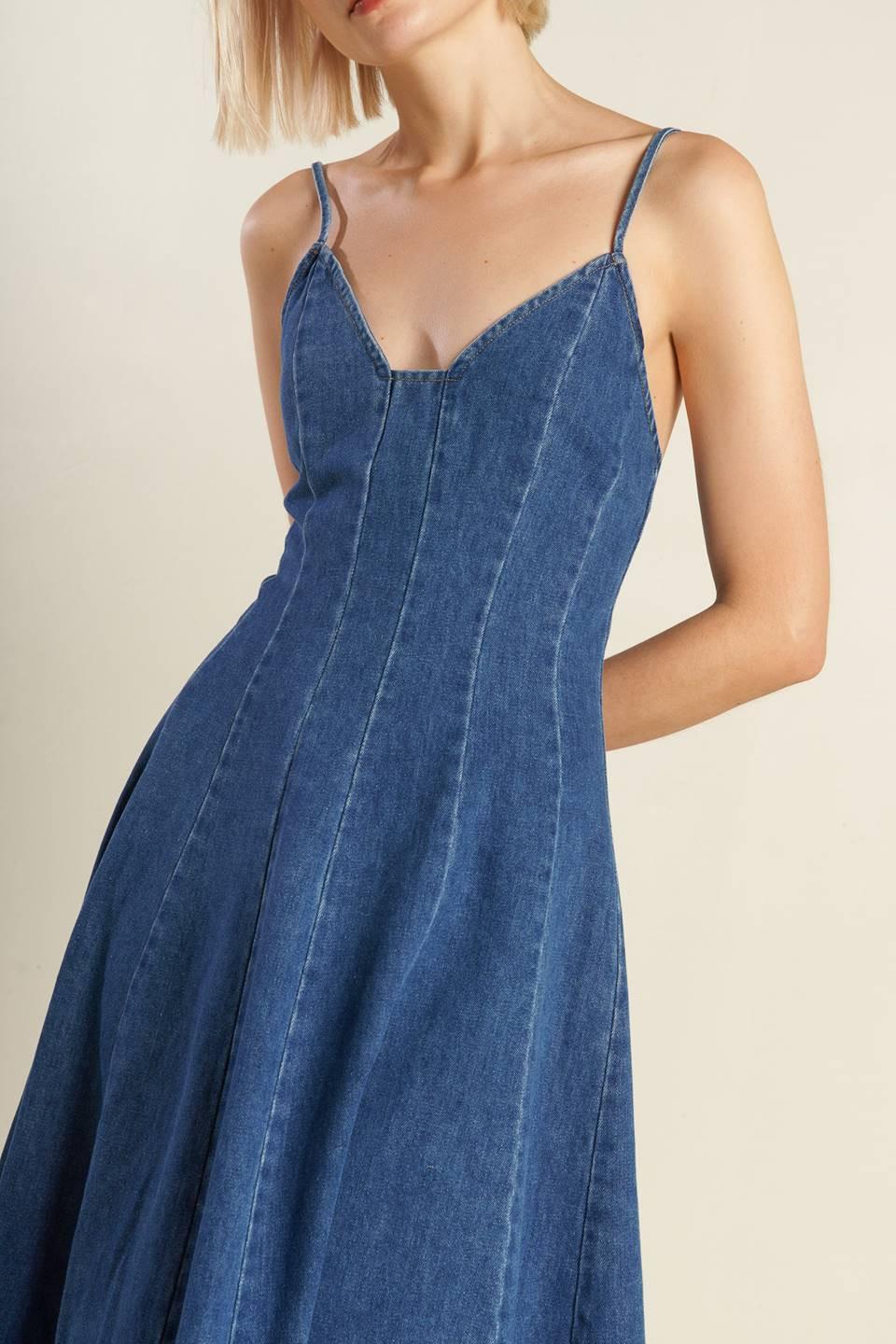 Rosewood Romance Denim Midi Dress in blue, view 7 — Soul Flow Apparel