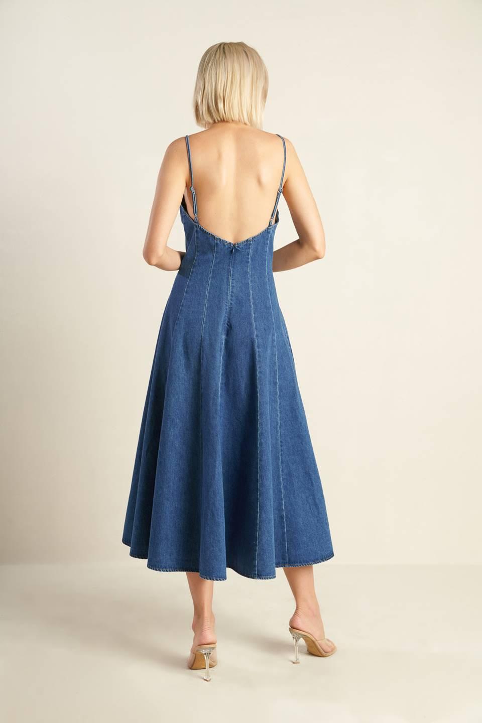 Rosewood Romance Denim Midi Dress in blue, view 8 — Soul Flow Apparel