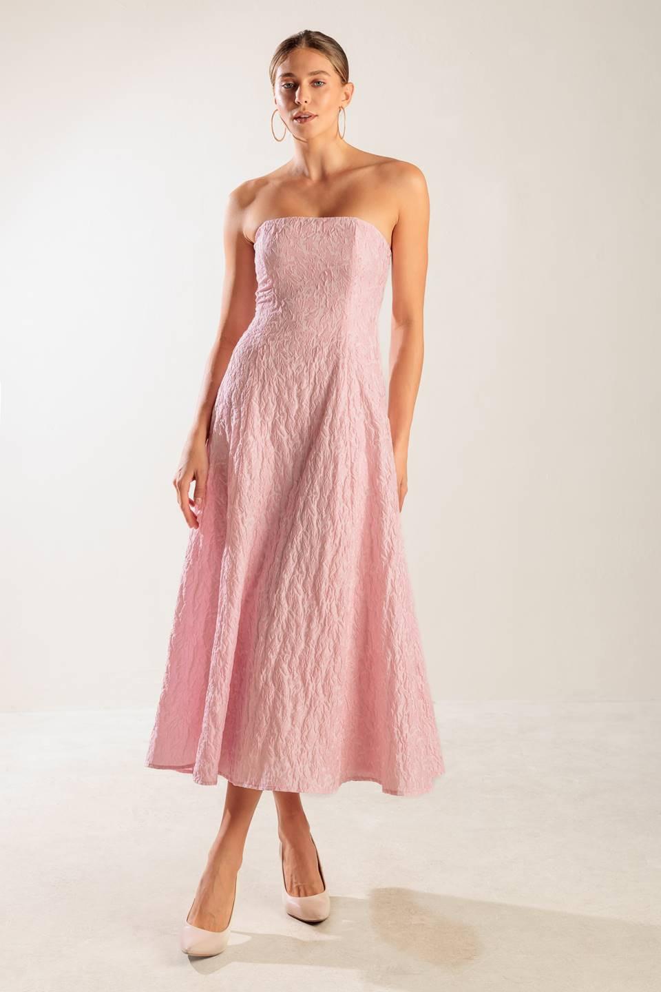 Roll with It Pink Woven Midi Dress in light, view 3 — Soul Flow Apparel