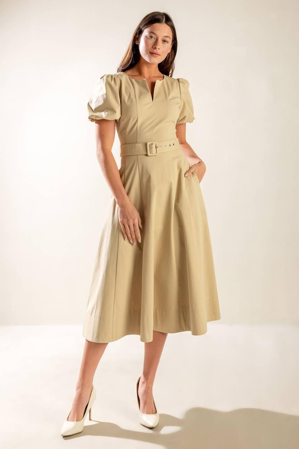 Sunlit Soiree Woven Midi Dress in taupe, view 1 — Soul Flow Apparel