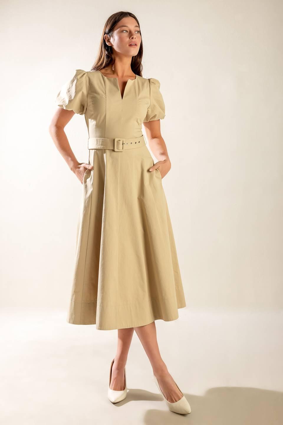 Sunlit Soiree Woven Midi Dress in taupe, view 2 — Soul Flow Apparel