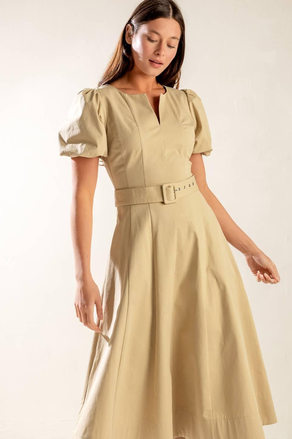 Sunlit Soiree Woven Midi Dress in taupe, view 3 — Soul Flow Apparel