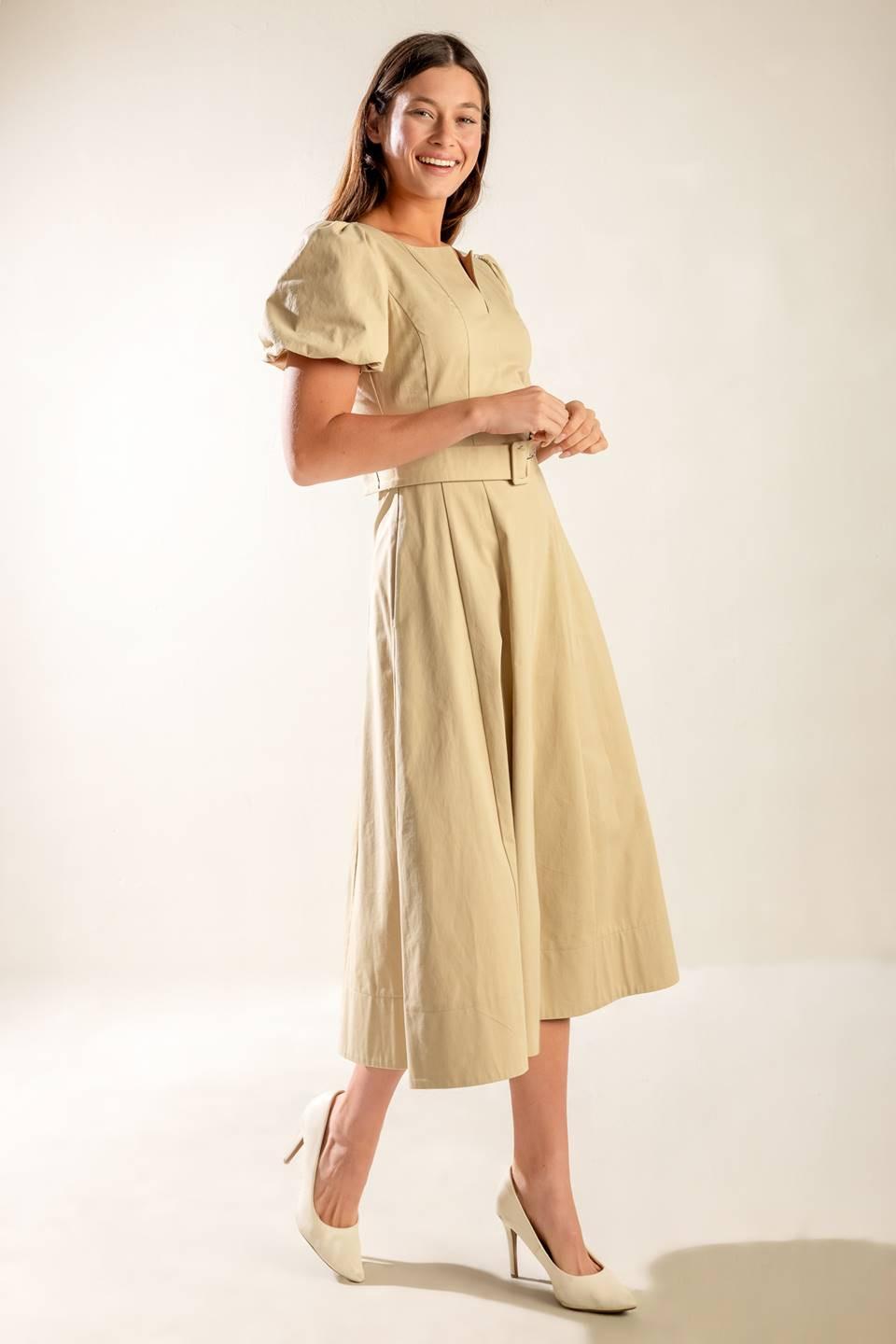 Sunlit Soiree Woven Midi Dress in taupe, view 4 — Soul Flow Apparel