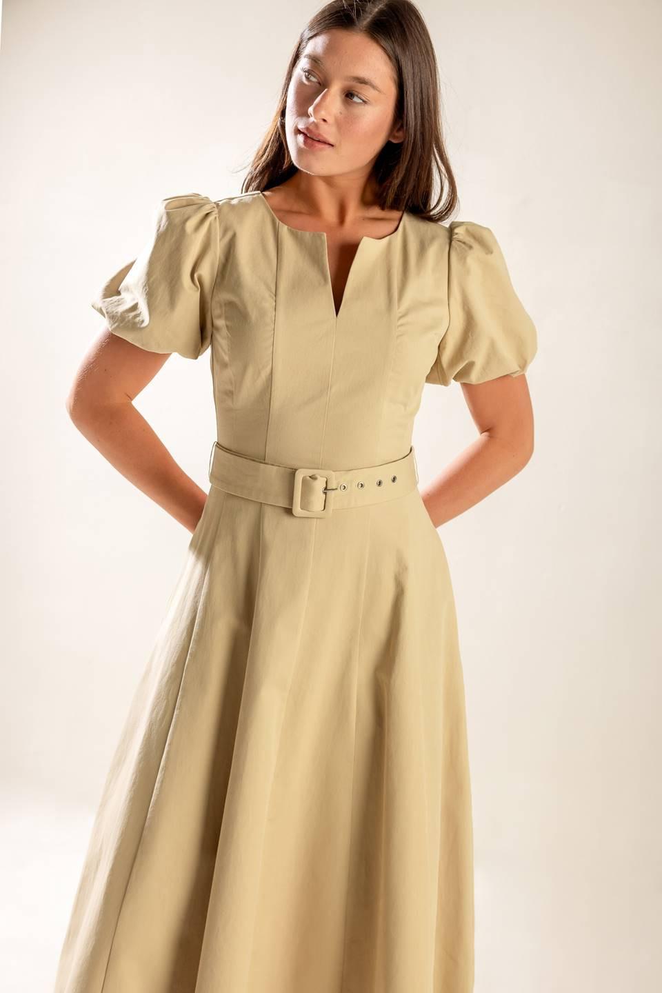 Sunlit Soiree Woven Midi Dress in taupe, view 5 — Soul Flow Apparel