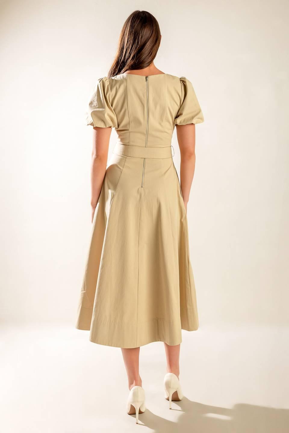 Sunlit Soiree Woven Midi Dress in taupe, view 7 — Soul Flow Apparel