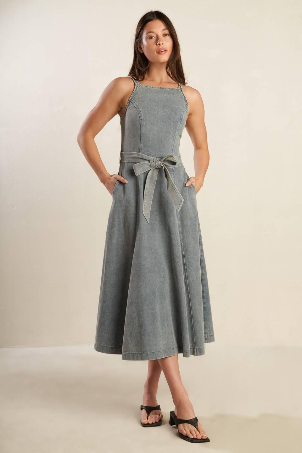A Day At the Vineyard Denim Midi Dress in medium indigo, view 1 — Soul Flow Apparel