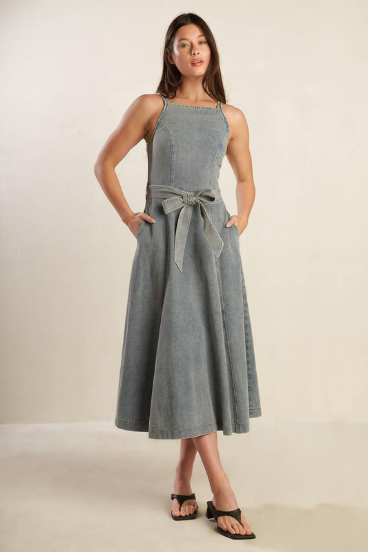 A Day At the Vineyard Denim Midi Dress in medium indigo, view 1 — Soul Flow Apparel