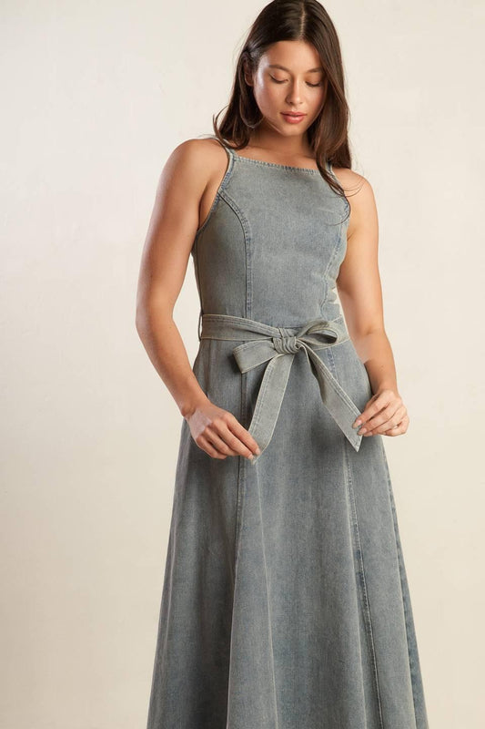 A Day At the Vineyard Denim Midi Dress in medium indigo, view 2 — Soul Flow Apparel
