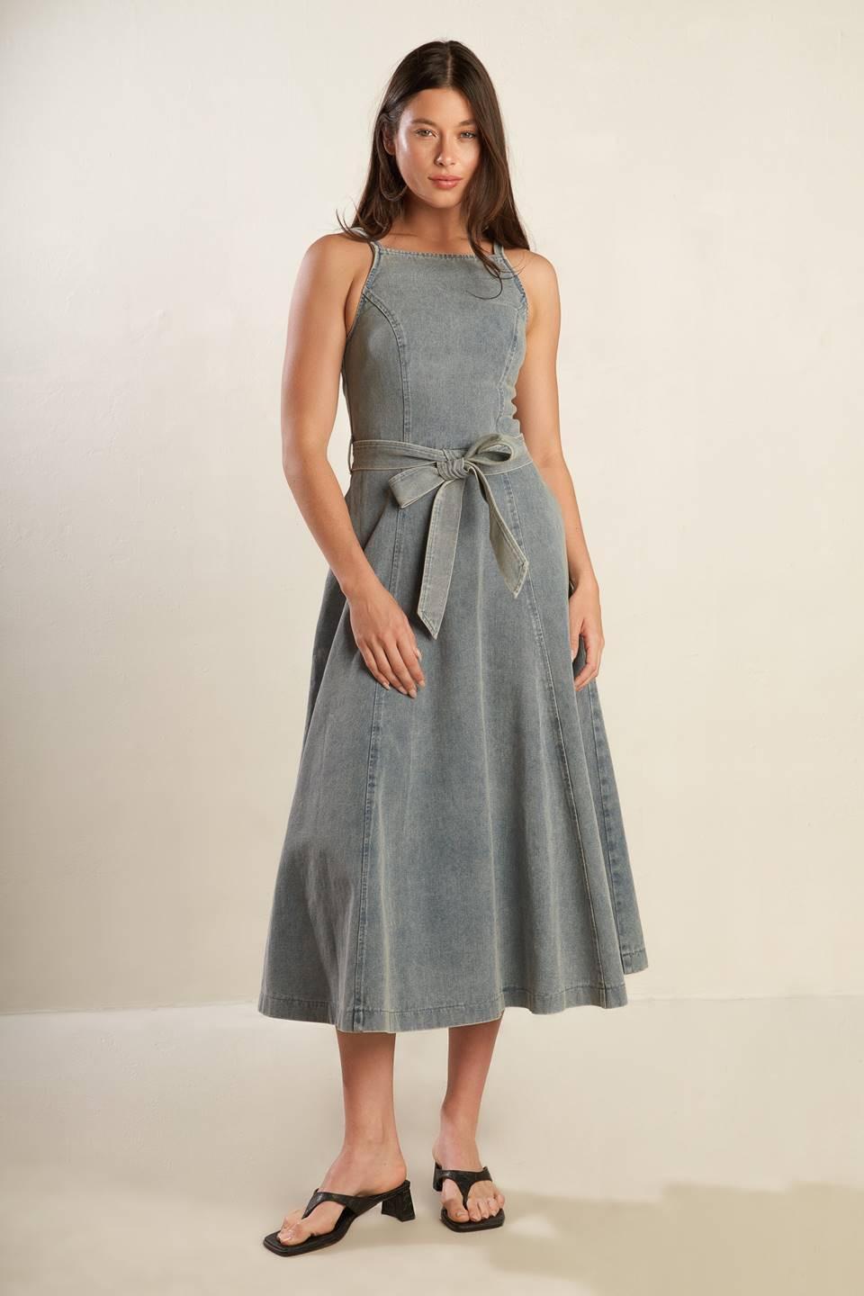 A Day At the Vineyard Denim Midi Dress in medium indigo, view 3 — Soul Flow Apparel
