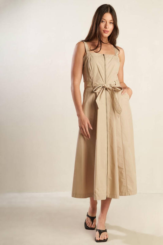 Margot Dream Woven Midi Dress in taupe, view 1 — Soul Flow Apparel