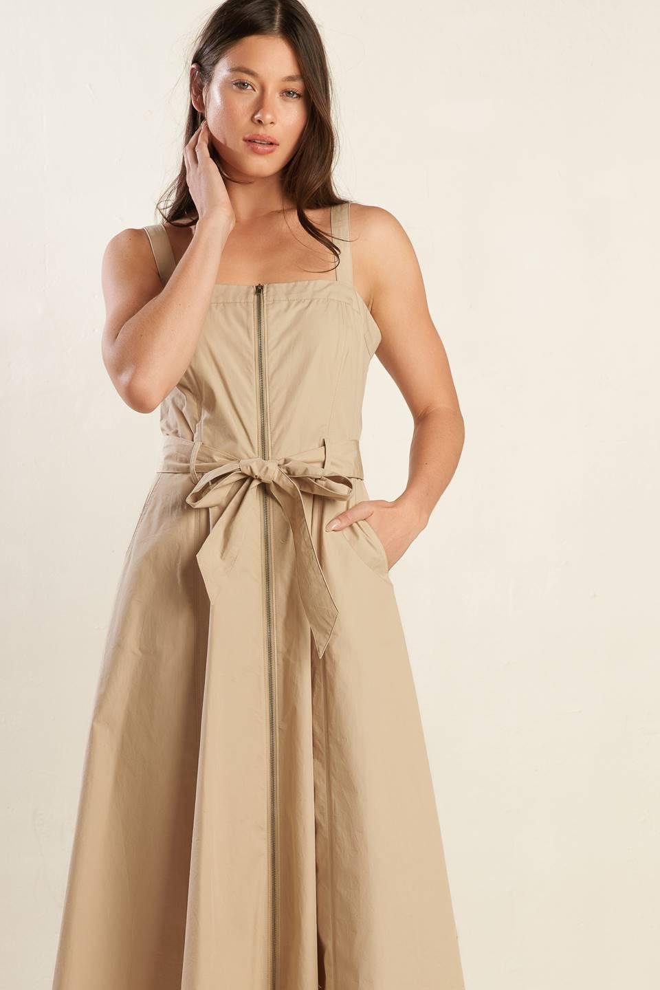 Margot Dream Woven Midi Dress in taupe, view 2 — Soul Flow Apparel