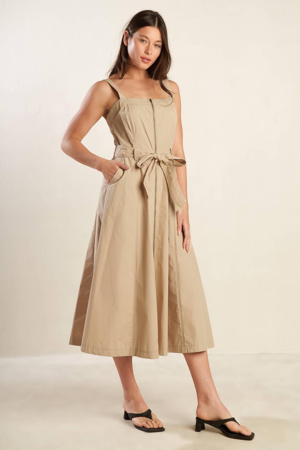 Margot Dream Woven Midi Dress in taupe, view 4 — Soul Flow Apparel