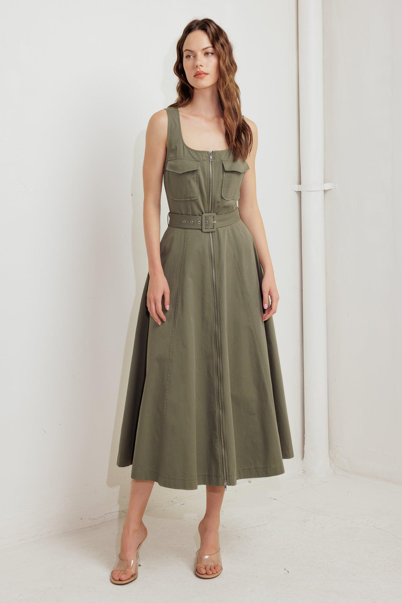 Olive Grove Woven Midi Dress, view 1 — Soul Flow Apparel
