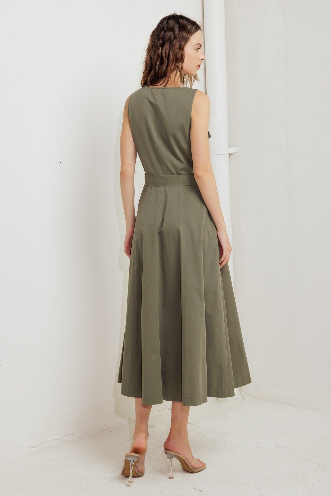 Olive Grove Woven Midi Dress, view 2 — Soul Flow Apparel
