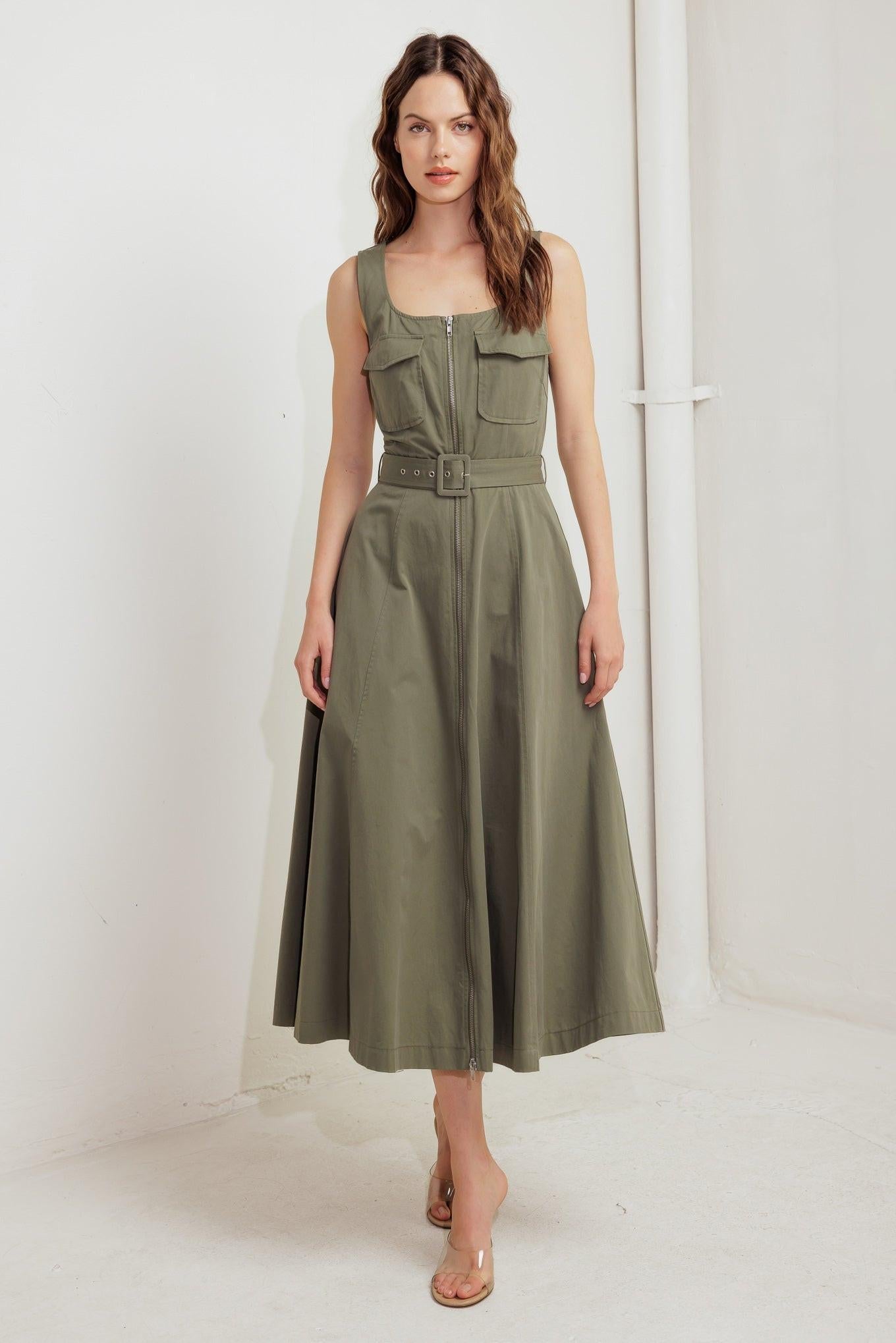 Olive Grove Woven Midi Dress, view 3 — Soul Flow Apparel