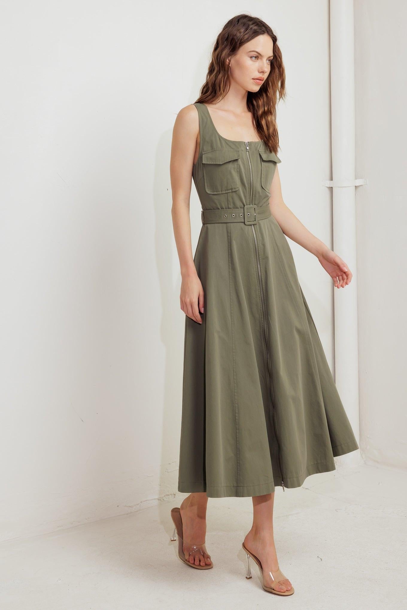 Olive Grove Woven Midi Dress, view 5 — Soul Flow Apparel
