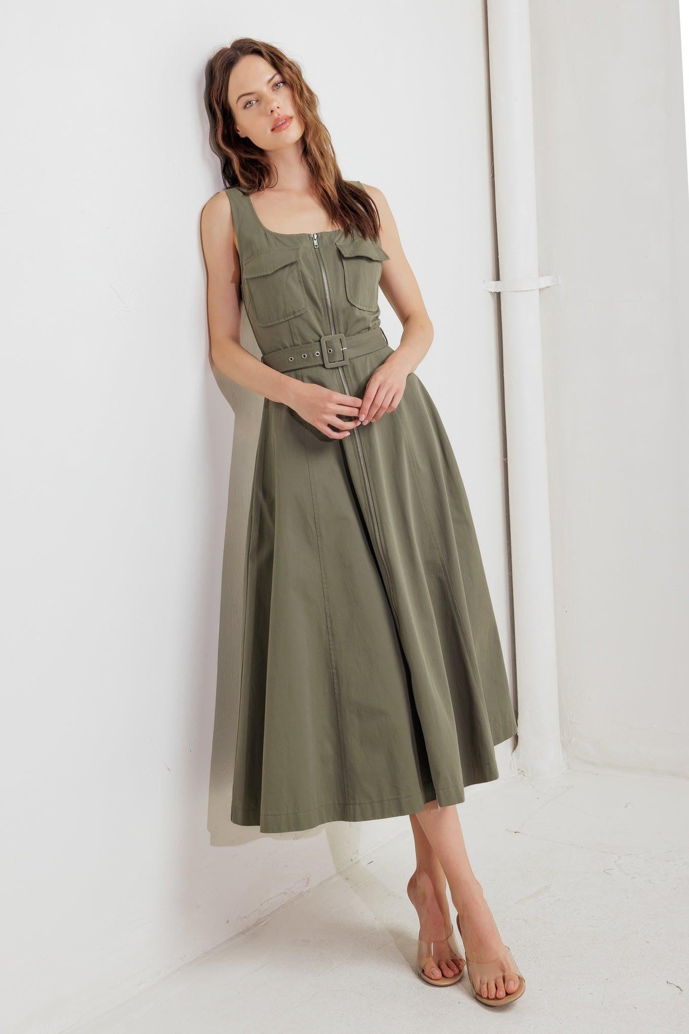 Olive Grove Woven Midi Dress, view 6 — Soul Flow Apparel