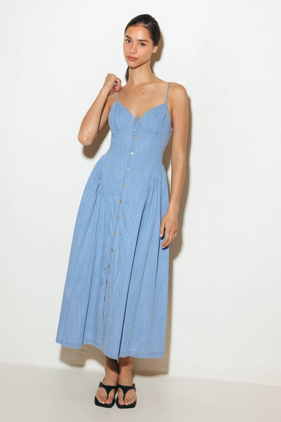 Bluebell Breeze Lightweight Denim Midi Dress in light indigo, view 1 — Soul Flow Apparel