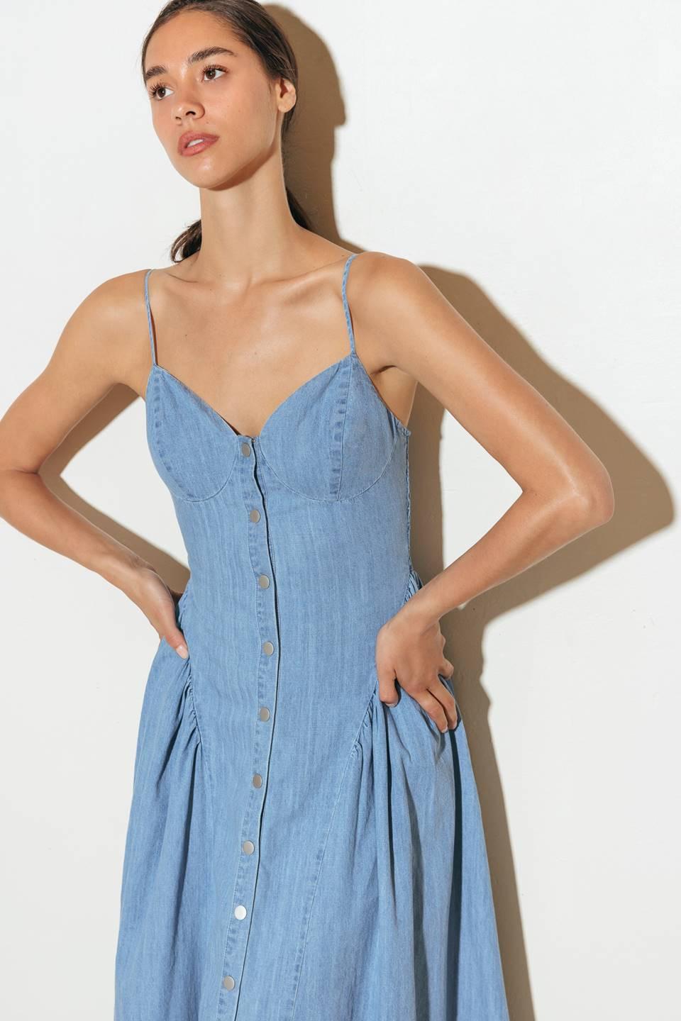 Bluebell Breeze Lightweight Denim Midi Dress in light indigo, view 4 — Soul Flow Apparel
