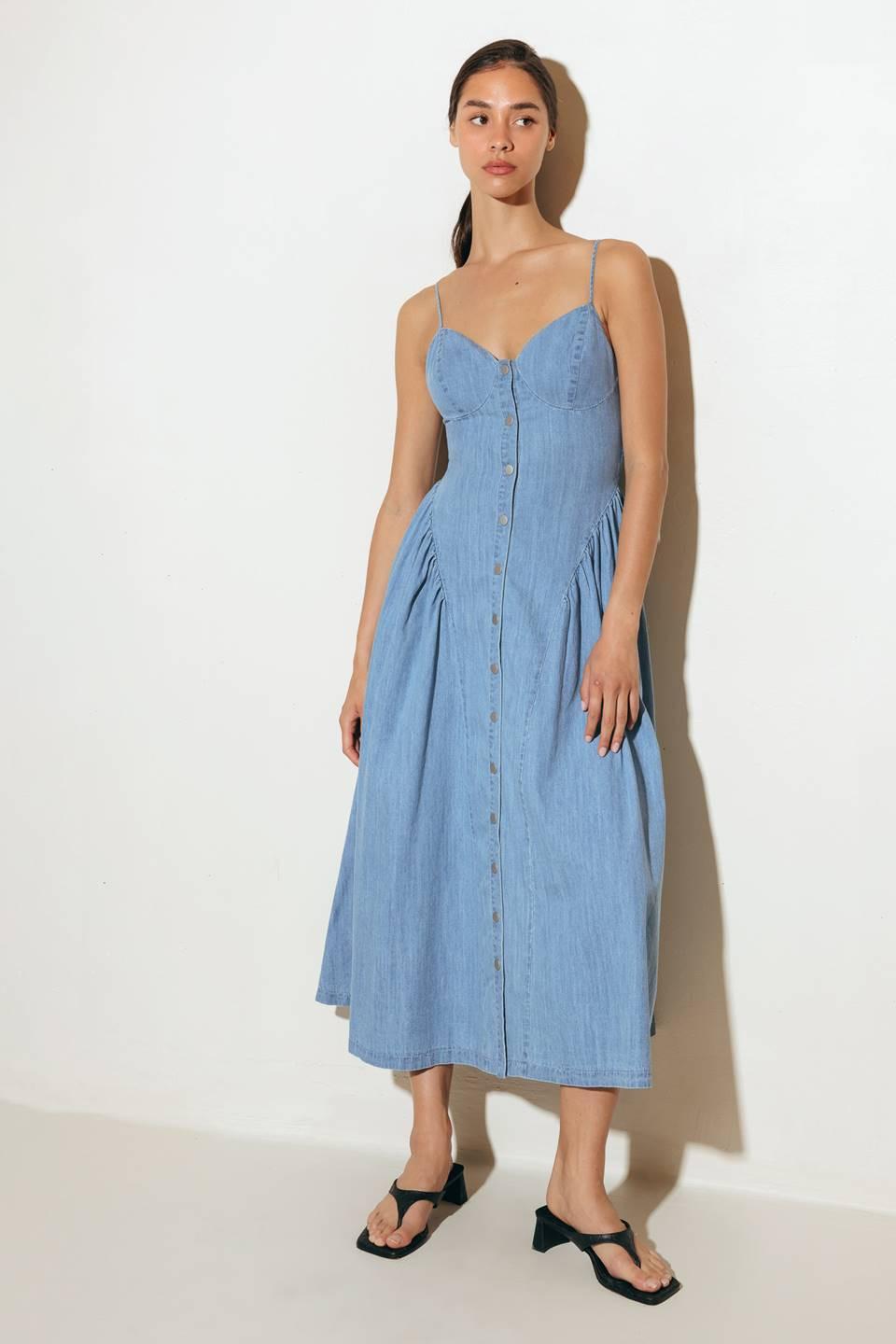 Bluebell Breeze Lightweight Denim Midi Dress in light indigo, view 5 — Soul Flow Apparel