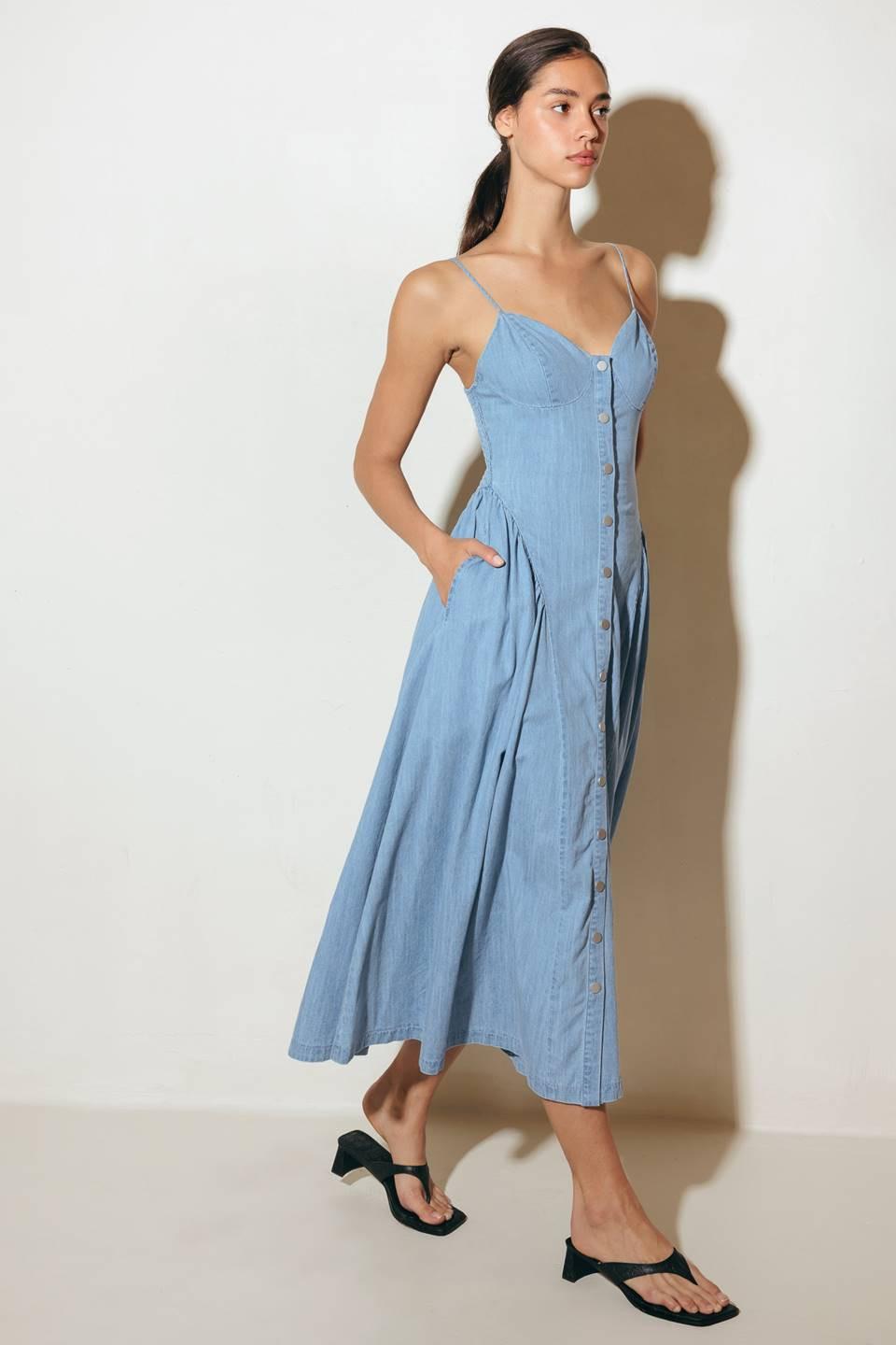 Bluebell Breeze Lightweight Denim Midi Dress in light indigo, view 6 — Soul Flow Apparel