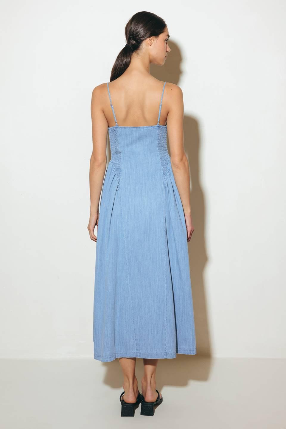 Bluebell Breeze Lightweight Denim Midi Dress in light indigo, view 7 — Soul Flow Apparel
