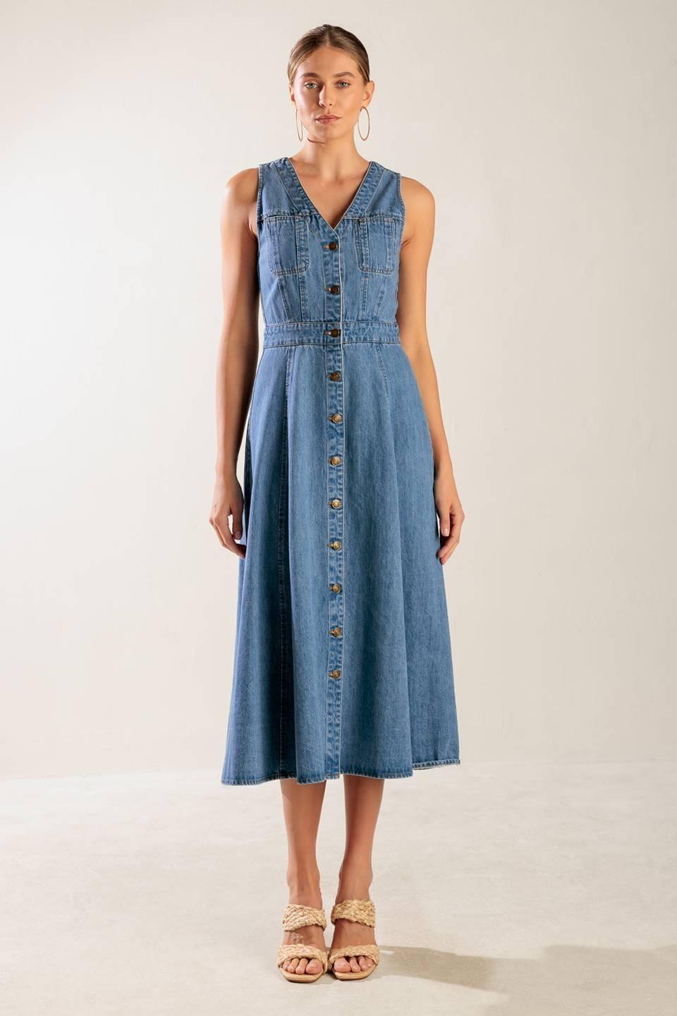 The Journey Begins Blue Denim Midi Dress, view 1 — Soul Flow Apparel