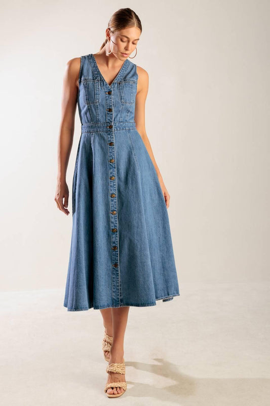 The Journey Begins Blue Denim Midi Dress, view 2 — Soul Flow Apparel
