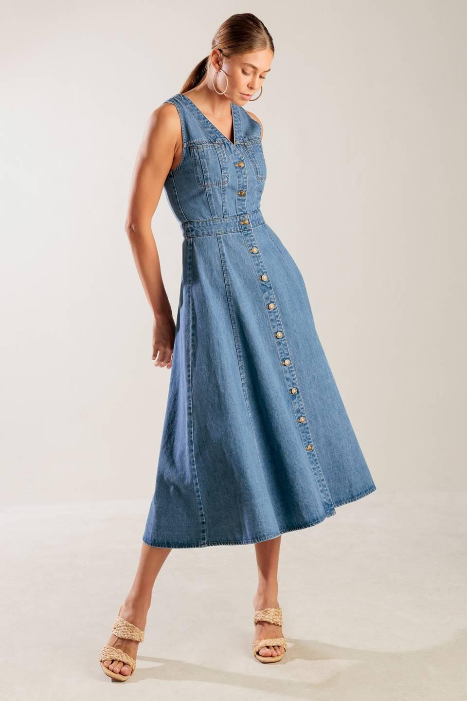 The Journey Begins Blue Denim Midi Dress, view 3 — Soul Flow Apparel
