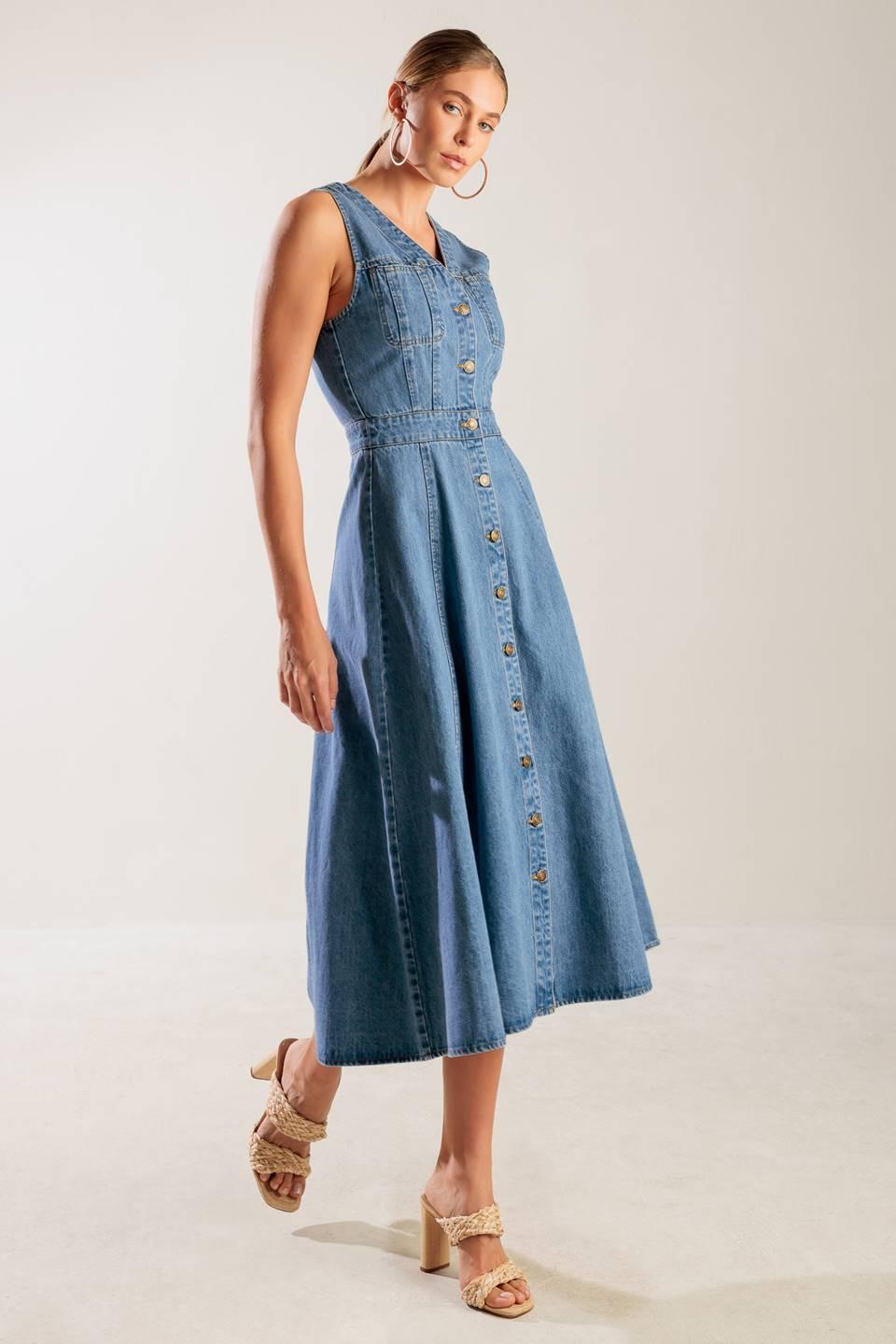 The Journey Begins Blue Denim Midi Dress, view 4 — Soul Flow Apparel