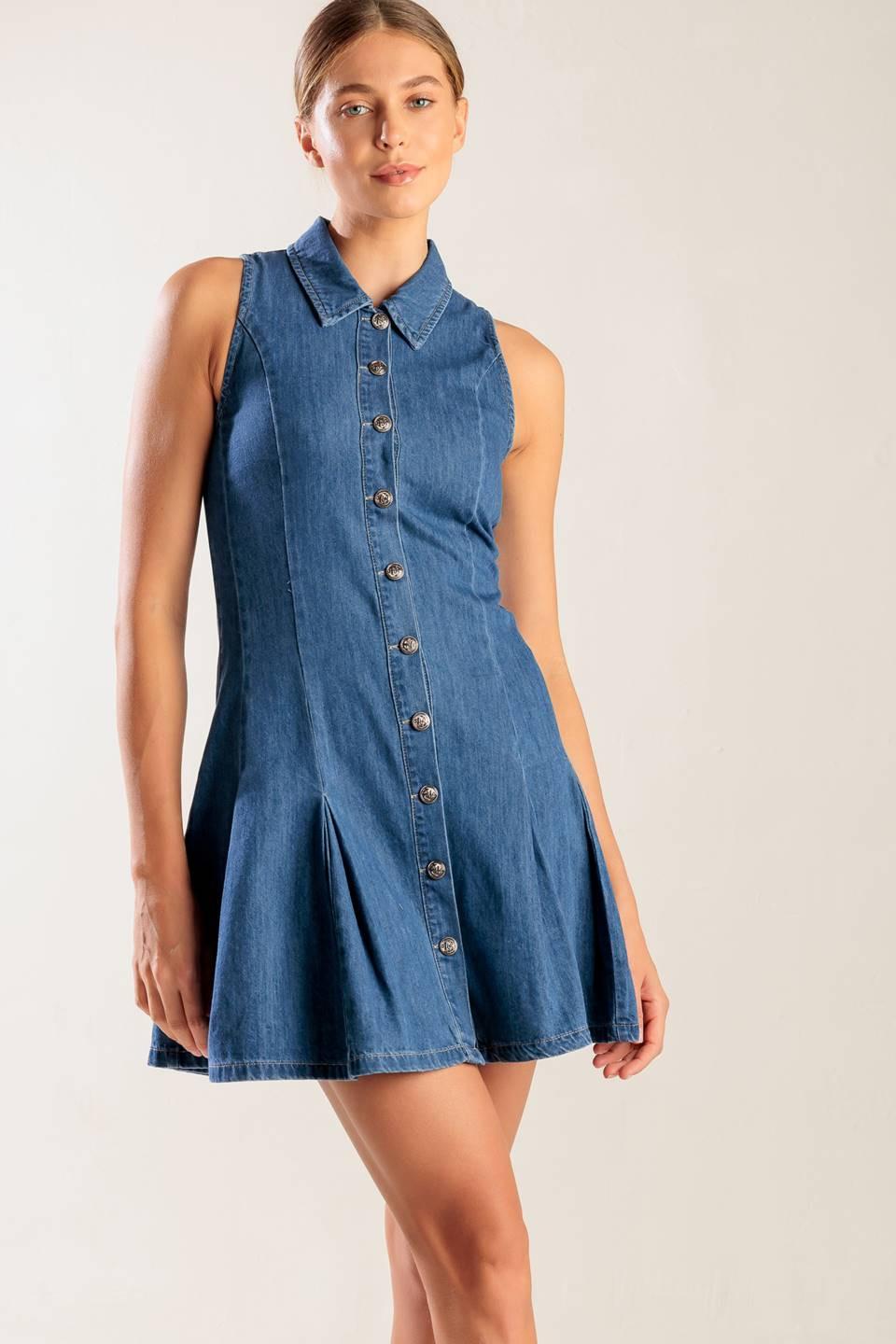 Where I Want to Be Denim Mini Dress in indigo, view 2 — Soul Flow Apparel