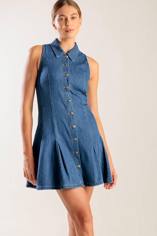 Where I Want to Be Denim Mini Dress in indigo, view 2 — Soul Flow Apparel