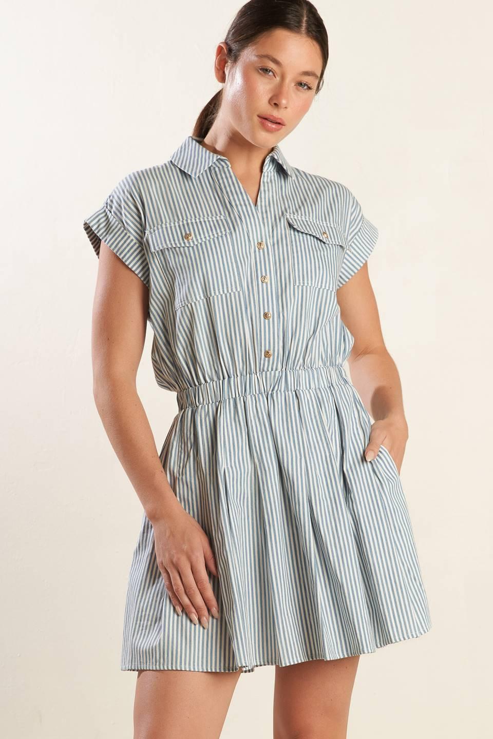Champagne Toast Woven Mini Dress in blue white, view 1 — Soul Flow Apparel