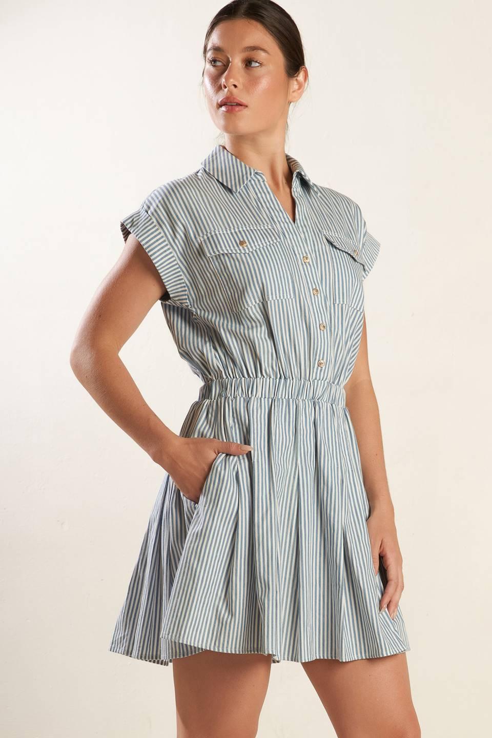 Champagne Toast Woven Mini Dress in blue white, view 4 — Soul Flow Apparel