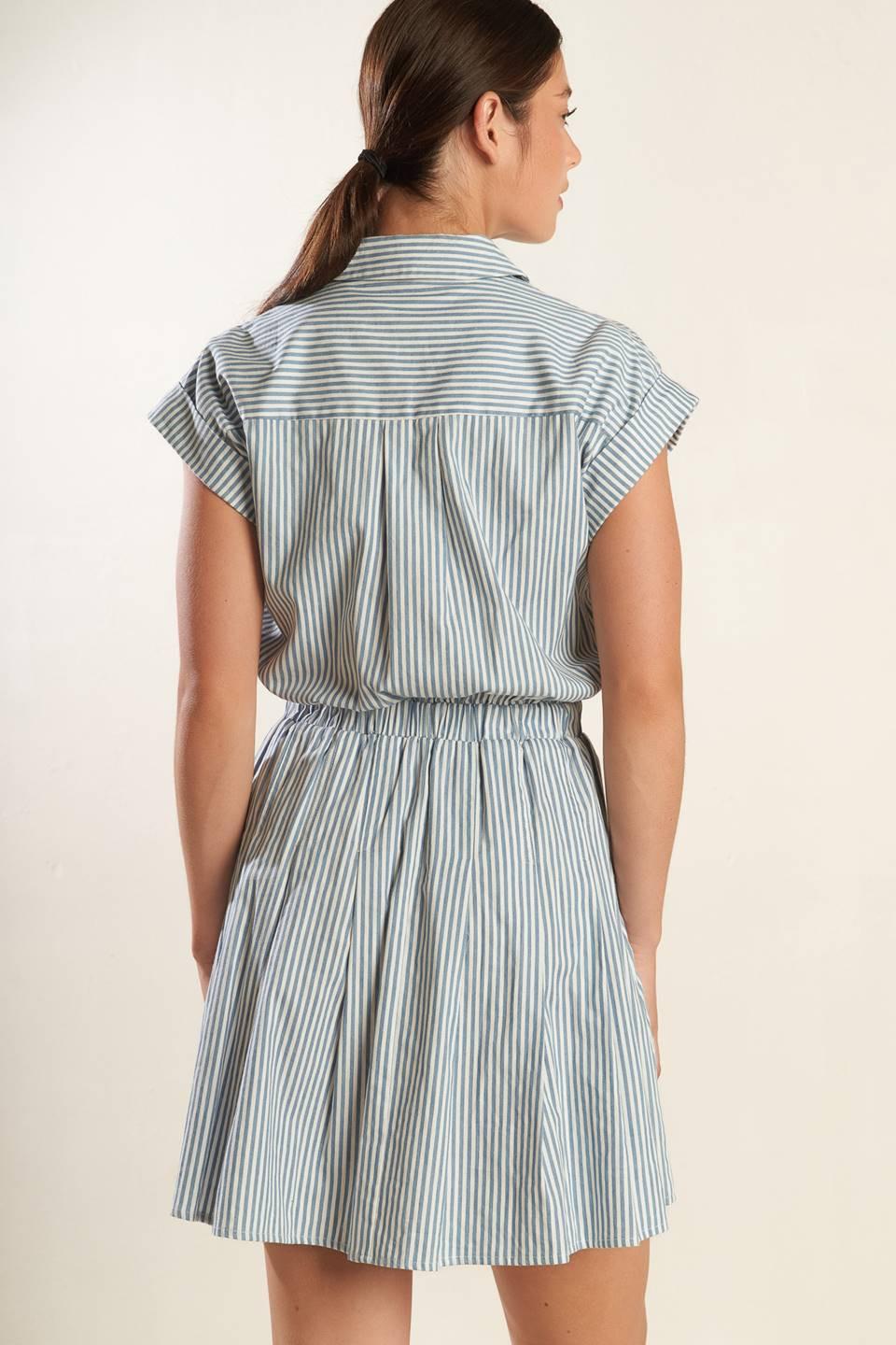 Champagne Toast Woven Mini Dress in blue white, view 5 — Soul Flow Apparel