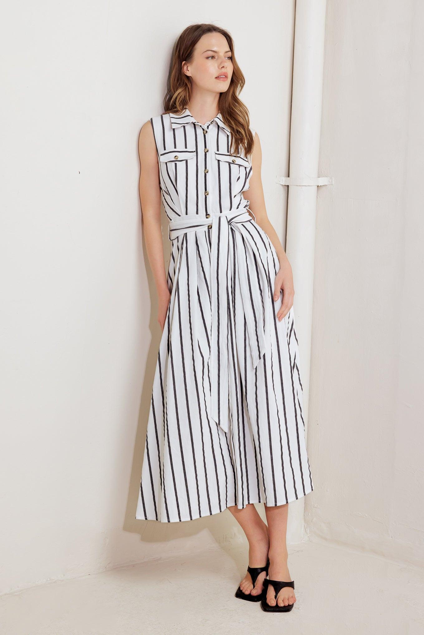 Hugs & Vanilla Clouds Woven Midi Dress in white black, view 1 — Soul Flow Apparel