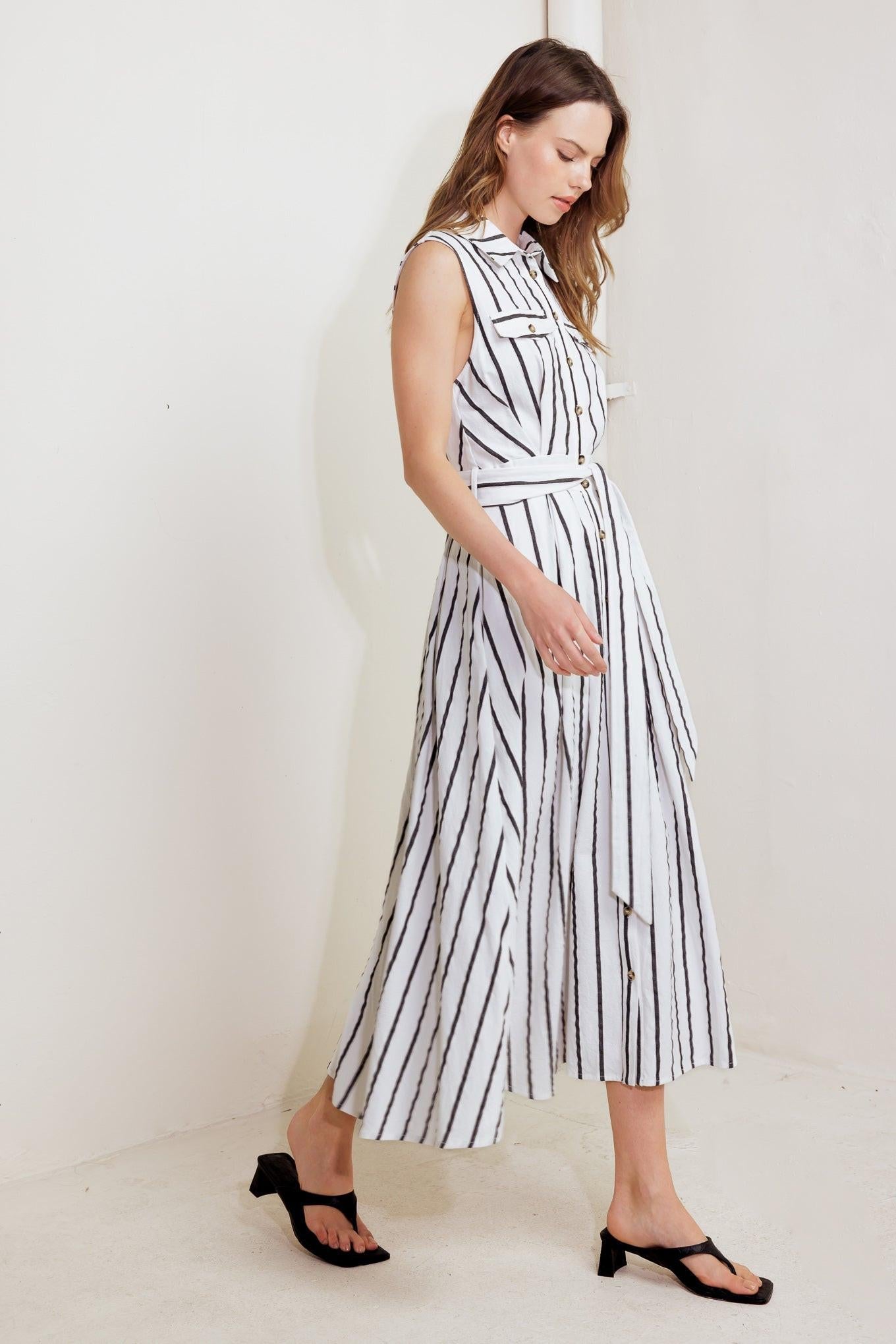 Hugs & Vanilla Clouds Woven Midi Dress in white black, view 3 — Soul Flow Apparel