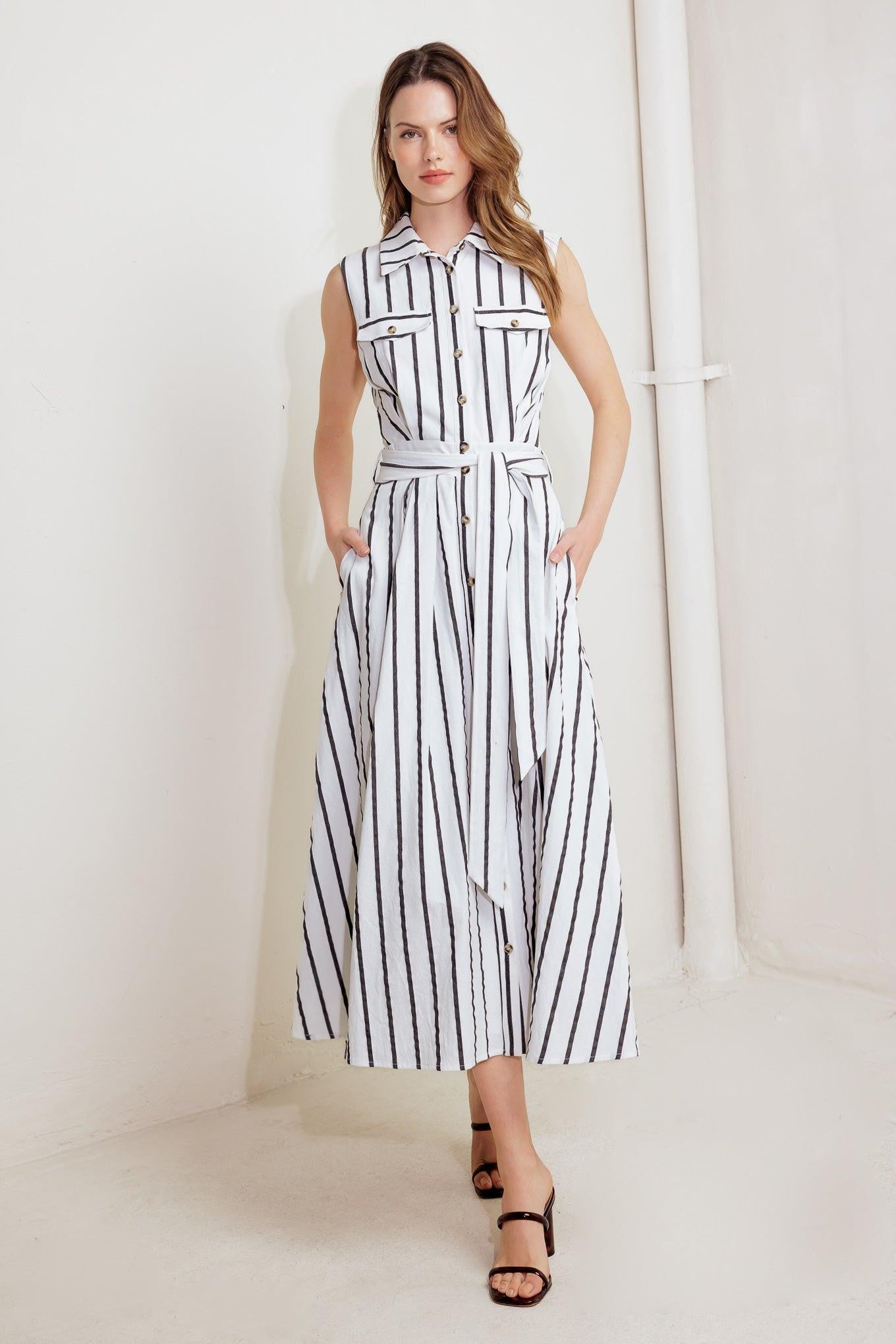 Hugs & Vanilla Clouds Woven Midi Dress in white black, view 5 — Soul Flow Apparel