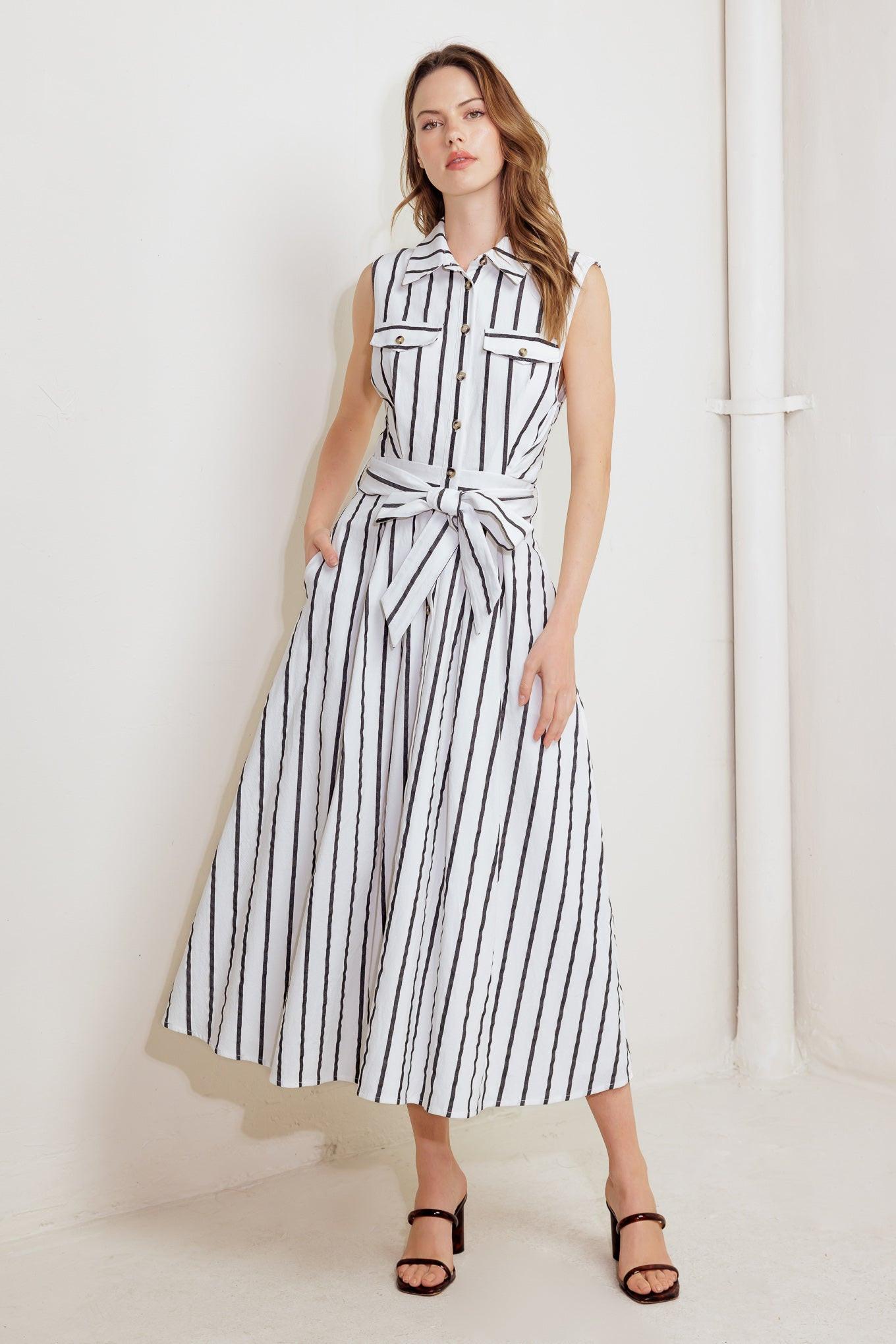Hugs & Vanilla Clouds Woven Midi Dress in white black, view 6 — Soul Flow Apparel