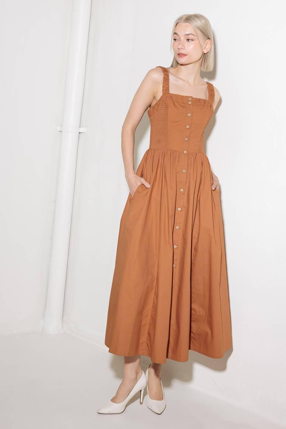 Soak in the Sunset Woven Midi Dress in brown, view 1 — Soul Flow Apparel